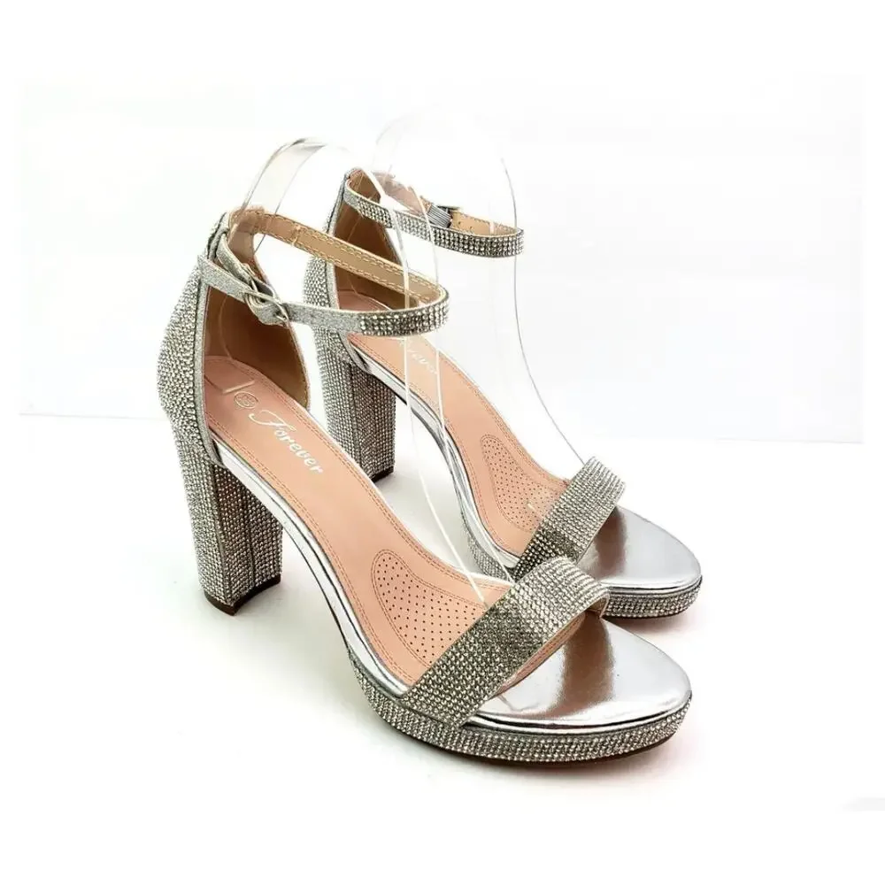 Forever Josina Rhinestones Block Heel Sandals Size 10 Silver - Picture 11 of 11